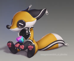Size: 700x583 | Tagged: safe, artist:silverfox5213, oc, oc only, oc:zippy (silverfox5213), canine, fox, living plushie, mammal, semi-anthro, 2021, black body, black nose, button, digital art, ears, gradient background, heart (organ), male, paw pads, paws, plushie, sitting, solo, solo male, tail, underpaw, white body, yellow body, zipper