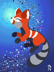 Size: 1500x2000 | Tagged: safe, artist:dawn-designs-art, oc, oc only, hybrid, mammal, procyonid, raccoon, red panda, feral, abstract, abstract background, cheek fluff, commission, commissions open, digital art, ear fluff, eyes closed, floating, fluff, head fluff, lineless, male, minimalistic art, paws, solo, solo male, tail