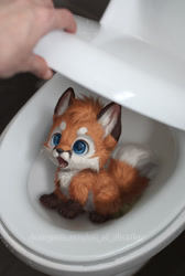 Size: 470x700 | Tagged: safe, artist:silverfox5213, oc, oc:silver (silverfox5213), canine, fox, human, mammal, feral, 2021, ambiguous gender, bathroom, big head, blue eyes, brown body, brown fur, cheek fluff, chibi, claws, cute, detailed, digital art, digital painting, draw over, duo, fluff, front view, fur, hair, irl, male, male focus, open mouth, orange body, orange fur, orange hair, paws, photo, solo focus, tail, three-quarter view, toilet, whiskers, white body, white fur