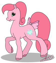 Size: 1180x1321 | Tagged: safe, artist:muhammad yunus, aelita (code lyoko), earth pony, equine, fictional species, mammal, pony, feral, code lyoko, hasbro, my little pony, bow, female, green eyes, hair, looking at you, mare, medibang paint, my little pony (g2), pink body, pink hair, simple background, smiling, solo, solo female, tail, tail bow, transparent background, watermark