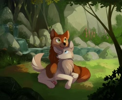 Size: 2800x2300 | Tagged: safe, artist:dreamweaverpony, mebh mactire (wolfwalkers), robyn goodfellowe (wolfwalkers), canine, mammal, wolf, feral, cartoon saloon, wolfwalkers, 2021, 2d, brown body, brown fur, bush, butt fluff, cheek fluff, chest fluff, cuddling, cute, cyan eyes, duo, duo female, ear fluff, featured image, female, females only, fluff, fur, gray body, gray fur, green eyes, head fluff, high res, hug, lake, neck fluff, one eye closed, open mouth, paw pads, paws, raised tail, rock, scenery, scenery porn, shoulder fluff, tail, tail fluff, tree, water, waterfall