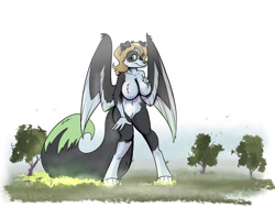 Size: 1280x960 | Tagged: suggestive, artist:shieltar, oc, oc:samantha, border collie, canine, collie, dog, mammal, anthro, breasts, feathered wings, feathers, female, giantess, macro, solo, solo female, wings
