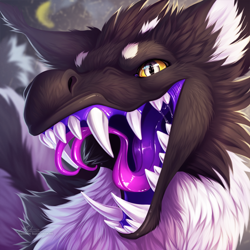 Size: 900x900 | Tagged: suggestive, artist:silvixen, oc, oc only, oc:damascus (theycalmehavoc), dragon, fictional species, furred dragon, ambiguous form, 2021, brown body, brown fur, bust, cheek fluff, chest fluff, colored sclera, colored tongue, digital art, ear tuft, fluff, forked tongue, front view, fur, gray eyes, looking at you, male, mawshot, open mouth, portrait, purple tongue, saliva, saliva trail, sharp teeth, signature, solo, solo male, teeth, three-quarter view, tongue, white body, white fur, yellow sclera