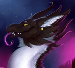 Size: 1200x1091 | Tagged: safe, artist:danji-isthmus, oc, oc only, oc:damascus (theycalmehavoc), dragon, feathered dragon, fictional species, furred dragon, ambiguous form, 2021, black body, black fur, bust, cheek fluff, colored tongue, digital art, ear fluff, fangs, feathers, fluff, forked tongue, fur, horns, male, portrait, profile, purple tongue, sharp teeth, side view, solo, solo male, stars, teeth, tongue, tongue out, white body, white fur, yellow eyes