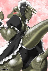 Size: 551x816 | Tagged: source needed, useless source url, suggestive, artist:yukaran_nosuke, ceratops, dinosaur, triceratops, anthro, bottomwear, clothes, dress, female, maid, maid headdress, maid outfit, skirt, solo, solo female