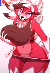 Size: 2040x2995 | Tagged: suggestive, artist:civibes, fictional species, lycanroc, mammal, midnight lycanroc, anthro, nintendo, pokémon, belly button, blushing, bottomwear, breasts, chest fluff, clothes, colored sclera, curvy figure, ears, eyebrows, eyelashes, female, floppy ears, fluff, fur, hair, high res, holding breast, huge breasts, looking at you, midriff, multicolored fur, multicolored hair, nipple outline, open mouth, open smile, pink eyes, pink sclera, red body, red fur, seductive, shorts, shorts pulled down, simple background, smiling, smiling at you, solo, solo female, sports bra, sports shorts, tail, thick thighs, thighs, tongue, tongue out, topwear, two toned hair, undressing, voluptuous, white background, white body, white fur, white hair, wide hips