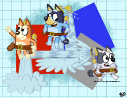 Size: 1280x984 | Tagged: safe, artist:inklingbear, bingo heeler (bluey), bluey heeler (bluey), muffin heeler (bluey), australian cattle dog, canine, dog, mammal, semi-anthro, bluey (series), mario (series), nintendo, abstract background, cousins, crossover, female, females only, siblings, sister, sisters, trio, trio female