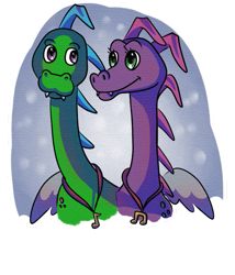 Size: 827x966 | Tagged: safe, artist:lunumi, wheezie (dragon tales), zak (dragon tales), dragon, fictional species, western dragon, semi-anthro, dragon tales, pbs, 2d, black outline, brother, brother and sister, conjoined, conjoined twins, cute, double outline, dragoness, duo, duo male and female, female, fraternal twins, green body, looking at each other, male, multiple heads, partially transparent background, purple body, siblings, sister, transparent background, twins, two heads, two-headed dragon, white outline