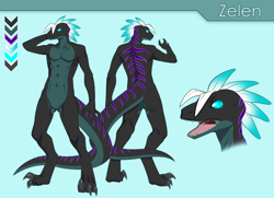 Size: 1104x800 | Tagged: safe, artist:fetalstar, oc, oc only, dinosaur, raptor, theropod, anthro, digitigrade anthro, butt, male, nudity, open mouth, reference sheet, solo, solo male, teal eyes