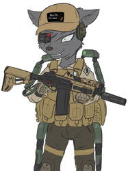 Size: 1777x2377 | Tagged: safe, artist:merqrous, oc, oc only, canine, mammal, wolf, anthro, armor, bottomwear, clothes, exosuit, eyepatch, grin, gun, hat, headset, male, pants, rifle, shirt, simple background, smiling, solo, solo male, topwear, uniform, weapon, white background