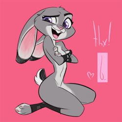 Size: 750x750 | Tagged: safe, artist:birchly, judy hopps (zootopia), lagomorph, mammal, rabbit, anthro, disney, zootopia, 1:1, 2018, clothes, covering, covering breasts, digital art, female, fingerless gloves, floppy ears, fur, gloves, gray body, gray fur, heart, kneeling, legwear, looking at you, nudity, open mouth, pink background, purple eyes, simple background, smiling, solo, solo female, toeless legwear
