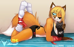 Size: 1000x638 | Tagged: safe, artist:tailsrulz, oc, oc only, canine, fox, mammal, anthro, big breasts, biting, blushing, bra, breasts, cleavage, clothes, female, lidded eyes, lip biting, looking at you, lying down, panties, ribbon, smiling, socks, solo, solo female, teal eyes, underwear, vixen