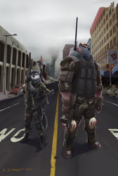 Size: 1074x1600 | Tagged: safe, artist:stoopix, oc, oc only, canine, mammal, wolf, anthro, plantigrade anthro, armor, boots, city, clothes, duo, duo male, gun, male, males only, rifle, scenery, shoes, uniform, weapon