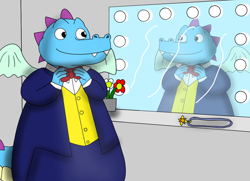 Size: 1240x900 | Tagged: safe, artist:fantasyboyce2021, ord (dragon tales), dragon, fictional species, western dragon, semi-anthro, dragon tales, pbs, blue scales, bow, bow tie, clothes, male, mirror, scales, solo, solo male, suit, tuxedo, vanity