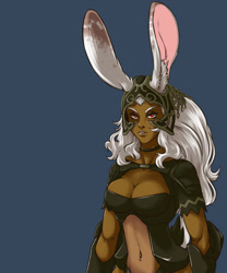 Size: 1000x1200 | Tagged: safe, artist:plague of gripes, fran (final fantasy), animal humanoid, fictional species, lagomorph, mammal, rabbit, humanoid, final fantasy, square enix, 2015, armor, blue background, breasts, bust, cleavage, clothes, dark skin, female, helmet, simple background, skin, solo, solo female