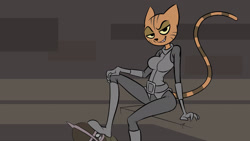 Size: 1920x1080 | Tagged: safe, artist:plague of gripes, feline, fictional species, khajiit, mammal, anthro, the elder scrolls, 16:9, 2015, boots, clothes, female, gloves, indoors, shoes, sitting, smirk, solo, solo female, tail, wallpaper