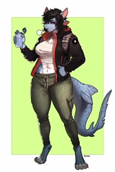 Size: 1929x2896 | Tagged: safe, artist:pgm300, fish, shark, anthro, digitigrade anthro, big breasts, bottomwear, breasts, clothes, crop top, curvy, drink, female, jacket, midriff, pants, paws, scar, sexy, solo, solo female, sweat, tail, thick thighs, thighs, topwear, wide hips