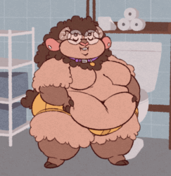 Size: 544x560 | Tagged: suggestive, artist:pastelgeneticist, oc, oc only, bovid, caprine, mammal, sheep, anthro, 2021, animated, bathroom, belly button, breasts, brown body, brown fur, brown hair, clothes, fat, featureless breasts, fur, gif, glasses, hair, horns, huge belly, male, mature, mature male, moobs, obese, ram, round glasses, solo, solo male, toilet, toilet paper, underwear
