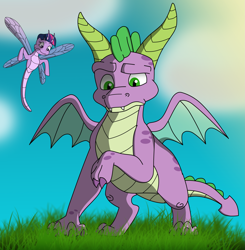 Size: 2425x2472 | Tagged: safe, artist:faitheverlasting, sparx (spyro), spike (mlp), spyro the dragon (spyro), twilight sparkle (mlp), arthropod, dragon, dragonfly, fictional species, insect, western dragon, feral, friendship is magic, hasbro, my little pony, spyro the dragon (series), 2019, crossover, duo, duo male and female, fangs, female, feralized, grass, high res, horns, male, sharp teeth, sky, species swap, tail, teeth, webbed wings, wings