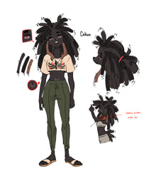 Size: 1088x1235 | Tagged: safe, artist:ayshun, oc, oc only, oc:cakes, canine, dog, mammal, anthro, plantigrade anthro, bottomwear, clothes, crop top, cropped shirt, female, looking at you, pants, red eyes, reference sheet, sandals, shoes, solo, solo female, topwear
