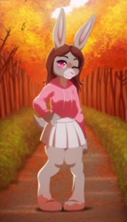 Size: 688x1199 | Tagged: safe, artist:bluepokapi, oc, oc:lindli, lagomorph, mammal, rabbit, anthro, autumn, bottomwear, brown body, brown fur, clothes, female, fur, gray body, gray fur, hair, hand on hip, hoodie, looking at you, one eye closed, outdoors, path, pink eyes, red hair, skirt, solo, solo female, spotted fur, topwear, tree