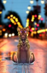Size: 834x1280 | Tagged: safe, artist:f-r95, oc, oc only, oc:falla, feline, mammal, saber-toothed cat, feral, blue eyes, chest fluff, collar, crying, ear piercing, earring, female, fluff, looking at you, piercing, reflection, sad, sitting, solo, solo female