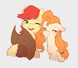 Size: 973x847 | Tagged: safe, artist:landypommel, bright mac (mlp), pear butter (mlp), earth pony, equine, fictional species, mammal, pony, feral, friendship is magic, hasbro, my little pony, blushing, clothes, cowboy hat, eyes closed, female, freckles, green eyes, hat, male, male/female, mare, one eye closed, scarf, simple background, smiling, stallion, stetson