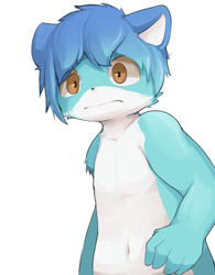 Size: 850x1087 | Tagged: safe, artist:yupa, oc, oc only, dragon, eastern dragon, fictional species, furred dragon, anthro, 2019, blue body, blue fur, cute, front view, fur, male, simple background, solo, solo male, three-quarter view, white background, white belly, young