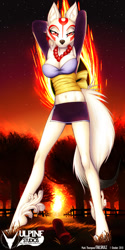 Size: 500x1000 | Tagged: safe, artist:tailsrulz, amaterasu (okami), canine, mammal, wolf, anthro, capcom, okami, big breasts, bottomwear, breasts, cleavage, clothes, female, fire, jewelry, lidded eyes, looking at you, midriff, necklace, red eyes, skirt, solo, solo female, topwear