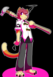 Size: 886x1280 | Tagged: safe, artist:munks, oc, oc only, cat, feline, mammal, anthro, plantigrade anthro, bottomwear, clothes, hammer, looking at you, male, pants, purple eyes, shirt, solo, solo male, topwear
