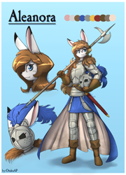 Size: 1539x2143 | Tagged: safe, artist:otakuap, oc, oc only, oc:aleanora (otakuap), lagomorph, mammal, rabbit, anthro, plantigrade anthro, 2021, 2d, armor, blue eyes, boots, brown hair, clothes, color palette, cute, female, fur, hair, helmet, long hair, looking at you, multeity, profile, reference sheet, shoes, side view, smiling, smiling at you, solo, solo female, standing, sword, weapon, white body, white fur