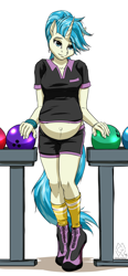Size: 1670x3591 | Tagged: safe, artist:mykegreywolf, allie way (mlp), equine, fictional species, mammal, pony, unicorn, anthro, unguligrade anthro, friendship is magic, hasbro, my little pony, 2015, anthrofied, big belly, bowling ball, female, hooves, looking at you, mare, pregnant, solo, solo female