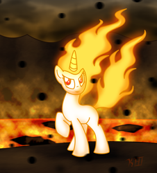 Size: 1635x1808 | Tagged: safe, artist:omegasunburst, twilight sparkle (mlp), equine, fictional species, mammal, pony, unicorn, feral, friendship is magic, hasbro, my little pony, 2013, angry, female, fire, frowning, horn, mare, rage, solo, solo female, tail