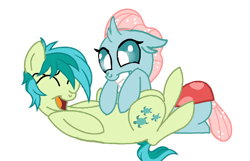 Size: 1080x696 | Tagged: safe, artist:princessdestiny200i, ocellus (mlp), sandbar (mlp), arthropod, changedling, changeling, earth pony, equine, fictional species, mammal, pony, feral, friendship is magic, hasbro, my little pony, 2020, cute, female, feral/feral, laughing, male, male/female, ocellbar (mlp), open mouth, shipping, simple background, smiling, tail, tickling, white background