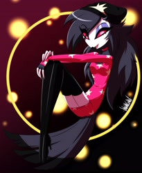 Size: 3338x4078 | Tagged: safe, artist:danmakuman, octavia (vivzmind), bird, bird of prey, demon, fictional species, owl, anthro, digitigrade anthro, helluva boss, 2021, black body, black feathers, black fur, black hair, black tail, boots, clothes, colored sclera, eyelashes, eyeshadow, feathers, female, fur, hair, hat, high heel boots, high heels, high res, legwear, looking at you, makeup, multicolored tail, no iris, open mouth, pink pupils, pink sclera, shoes, signature, solo, solo female, stars, tail, tail feathers, teenager, thigh highs, tongue, white body, white fur