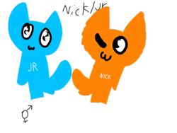 Size: 920x690 | Tagged: safe, artist:pocoyo450, oc, oc only, oc:jr (pocoyo450), oc:nick (pocoyo450), cat, feline, mammal, semi-anthro, nick jr., nickelodeon, 2020, :3, ambiguous gender, duo, duo ambiguous, fur, owo, simple background, smiling, text, transparent background
