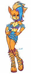 Size: 1161x2705 | Tagged: safe, artist:jamoart, tawna bandicoot (crash bandicoot), bandicoot, mammal, marsupial, anthro, crash bandicoot (series), belly dancer outfit, blue hair, bottomwear, bracelet, breasts, cleavage, clothes, ear piercing, ears, eyebrows, eyelashes, female, fur, hair, hand on hip, jewelry, looking at you, midriff, mohawk, multicolored hair, orange body, orange fur, piercing, pirate tawna, simple background, skirt, solo, solo female, teal eyes, topwear, torn ear, two toned hair, white background, yellow body, yellow fur, yellow hair