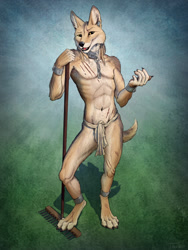 Size: 900x1200 | Tagged: suggestive, artist:titus weiss, oc, oc:caelum, canine, coyote, hybrid, mammal, wolf, anthro, digitigrade anthro, abstract background, black nose, chain, claws, clothes, cream body, cream fur, cuffs, front view, fur, jewelry, loincloth, male, open mouth, partial nudity, paws, rake, scar, solo, solo male, standing, tail, tan body, tan fur, teeth, tongue, topless