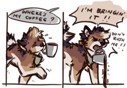 Size: 1319x917 | Tagged: safe, artist:wereshiba, canine, dog, mammal, feral, 2021, ambiguous gender, angry, bandanna, cheek fluff, clothes, coffee, colored sketch, comic, cute, dialogue, digital art, drink, eyes closed, fluff, head fluff, holding, mouth hold, mug, offscreen character, open mouth, raised leg, shouting, simple background, sketch, solo, solo ambiguous, spill, sweat, tail, talking, walking, white background