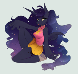 Size: 2251x2163 | Tagged: safe, artist:1an1, princess luna (mlp), alicorn, equine, fictional species, mammal, pony, anthro, unguligrade anthro, friendship is magic, hasbro, my little pony, 2020, anthrofied, bottomwear, clothes, ethereal hair, ethereal mane, feathered wings, feathers, female, hair, high res, hooves, horn, lidded eyes, mare, shorts, sitting, solo, solo female, tail, tongue, tongue out, wings