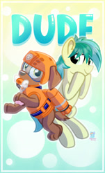 Size: 771x1280 | Tagged: safe, artist:rainbow eevee, sandbar (mlp), zuma (paw patrol), canine, dog, earth pony, equine, fictional species, labrador, mammal, pony, feral, friendship is magic, hasbro, my little pony, nickelodeon, paw patrol, 2021, black nose, clothes, crossover, digital art, duo, duo male, ears, fur, hair, helmet, male, males only, paw pads, paws, stallion, suit, tail, underpaw