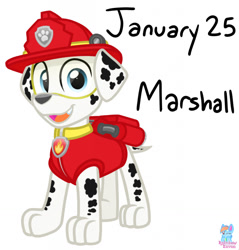 Size: 1224x1280 | Tagged: safe, artist:rainbow eevee, marshall (paw patrol), canine, dalmatian, dog, mammal, feral, nickelodeon, paw patrol, 2021, black nose, clothes, digital art, ears, fur, helmet, looking at you, male, simple background, solo, solo male, suit, tail, text, white background