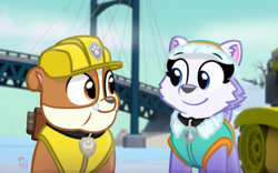 Size: 1280x798 | Tagged: safe, artist:rainbow eevee, everest (paw patrol), rubble (paw patrol), bulldog, canine, dog, husky, mammal, nordic sled dog, feral, nickelodeon, paw patrol, 2020, beanie, black nose, clothes, collar, digital art, duo, ears, female, fur, helmet, looking at each other, male, suit, tail