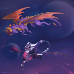 Size: 1280x1280 | Tagged: safe, artist:pheloniblazyk, cynder the dragon (spyro), spyro the dragon (spyro), dragon, fictional species, western dragon, feral, spyro the dragon (series), the legend of spyro, duo, female, flying, happy, looking at each other, male, night, night sky, planet, sky, webbed wings, wings