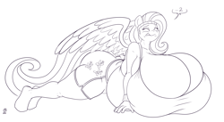 Size: 5500x3016 | Tagged: suggestive, artist:badgerben, fluttershy (mlp), equine, mammal, pony, anthro, friendship is magic, hasbro, my little pony, absurd resolution, anthrofied, breast expansion, breasts, dialogue, feathered wings, feathers, female, hyper, hyper breasts, push-ups, simple background, speech bubble, struggling, talking, watermark, white background, wings