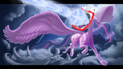 Size: 1024x576 | Tagged: safe, alternate version, artist:zookz25, twilight sparkle (mlp), alicorn, equine, fictional species, mammal, pony, feral, friendship is magic, hasbro, my little pony, 2014, cloud, feathered wings, feathers, female, flying, glowing, glowing horn, grimace, horn, i'm a' firin' mah lazer!!, large wings, laser, magic, mare, meme, not salmon, shoop da whoop, solo, solo female, spread wings, tail, wat, wings