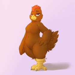 Size: 2500x2500 | Tagged: safe, artist:louart, bird, chicken, galliform, anthro, beak, bedroom eyes, bird feet, breasts, brown feathers, claws, eyelashes, feathers, featureless breasts, female, hair, hen, high res, red hair, solo, solo female, tail, tail feathers, talons, wide hips, yellow body
