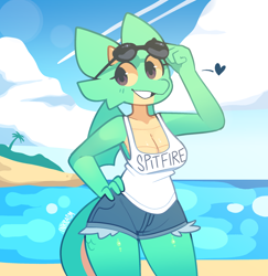 Size: 2246x2314 | Tagged: safe, artist:inkplasm, oc, oc only, dragon, fictional species, reptile, anthro, cc by-nc-nd, creative commons, 2020, adorasexy, armpits, beach, bottomwear, breasts, cleavage, clothes, cloud, colored outline, cute, dragoness, english text, female, glasses, hand on hip, heart, high res, horns, looking at you, ocbetes, sand, sexy, short shorts, shorts, sky, smiling, sunglasses, tail, teal outline, text, water, webbed wings, wings
