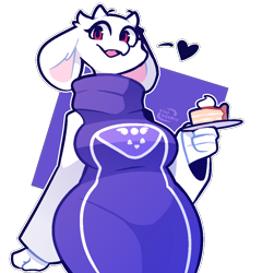 Size: 1024x1065 | Tagged: safe, artist:inkplasm, toriel (undertale), bovid, goat, mammal, anthro, cc by-nc-nd, creative commons, undertale, adorasexy, black outline, blue outline, cake, cute, double outline, female, flat colors, food, heart, horns, mature, mature female, sexy, simple background, solo, solo female, transparent background, white outline