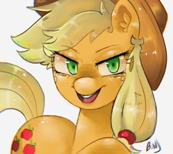 Size: 1600x1426 | Tagged: safe, artist:haichiroo, applejack (mlp), earth pony, equine, fictional species, mammal, pony, feral, friendship is magic, hasbro, my little pony, 2021, clothes, cowboy hat, female, green eyes, hair, hair band, hat, mare, signature, simple background, solo, solo female, tail, white background